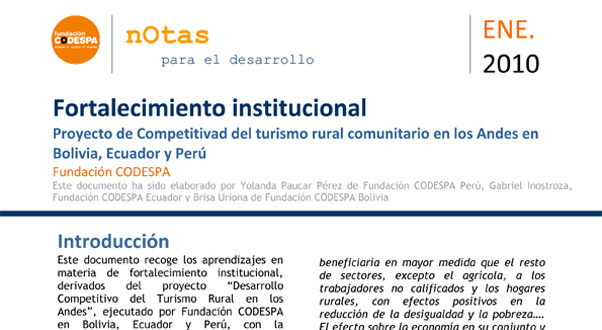 Fortalecimiento institucional. Proyecto de Competitividad del turismo rural comunitario en Los Andes en Bolivia, Ecuador y Perú