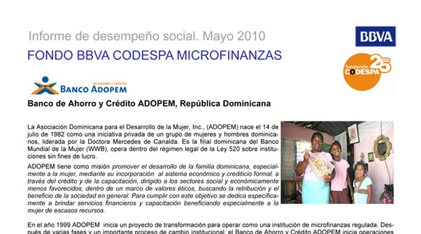 FONDO BBVA CODESPA MICROFINANZAS. Informe de desempeño social. Mayo 2010.