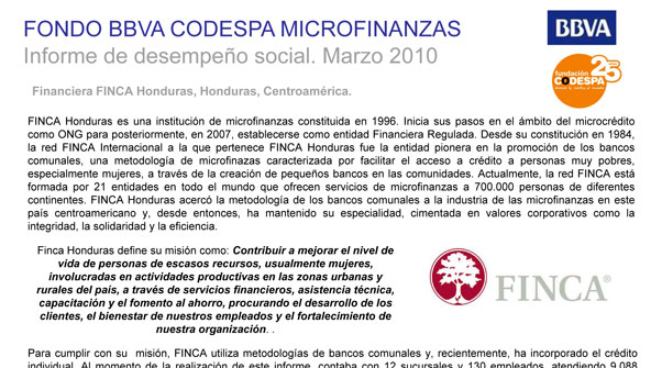 FONDO BBVA CODESPA MICROFINANZAS. Informe de desempeño social. Marzo 2010