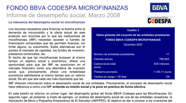 FONDO BBVA CODESPA MICROFINANZAS Informe de desempeño social. Marzo 2008.